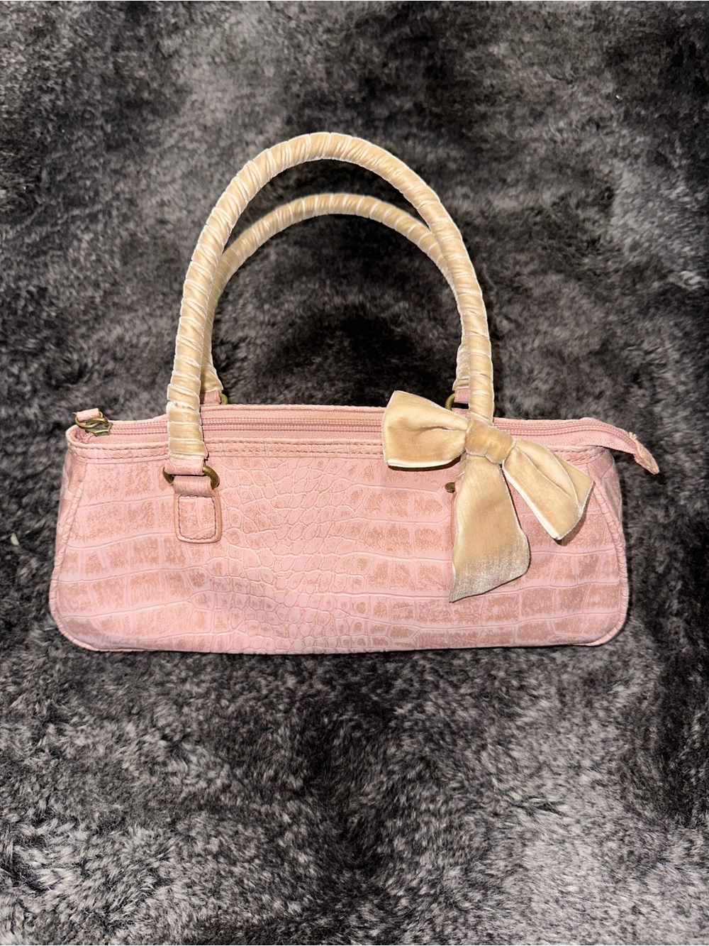 Y2K Nine West Baby Pink Croc Embossed Tan Velvet Bow Satchel Handbag Coquette